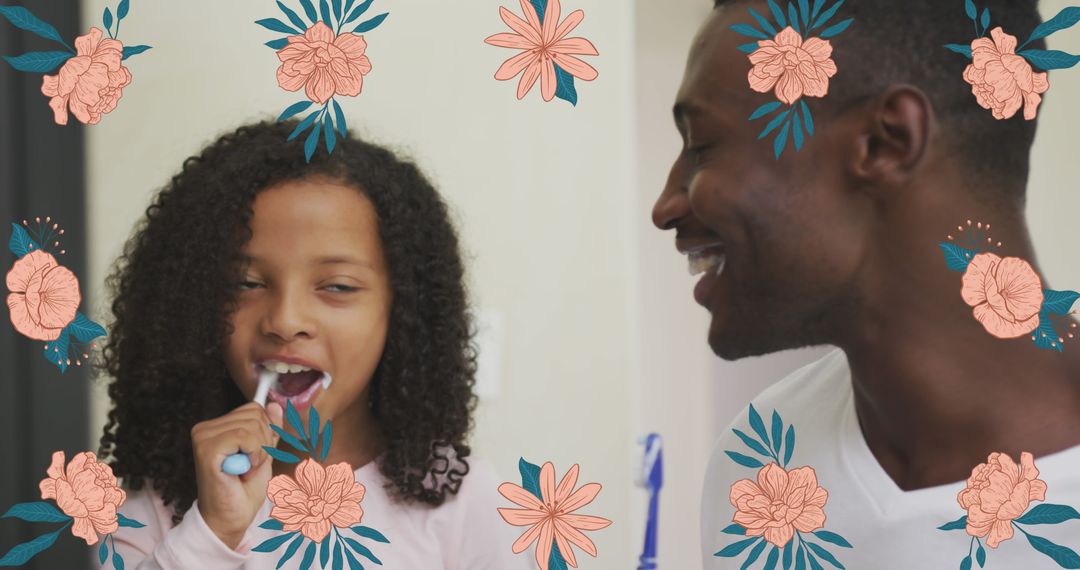 Father and Daughter Enjoying Teeth Brushing with Floral Design