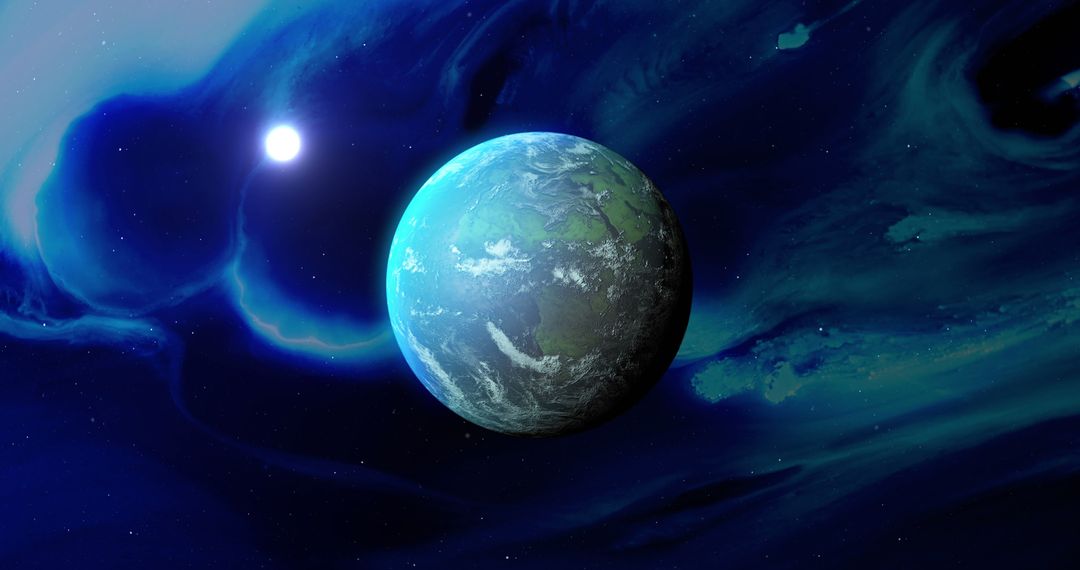 Fictional Blue Planet with Moon in Deep Space Scenery