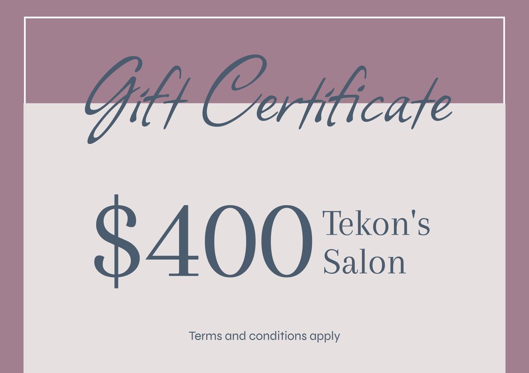 Decorative $400 Tekon's Salon Gift Certificate with Elegant Fonts - Download Free Stock Templates Pikwizard.com