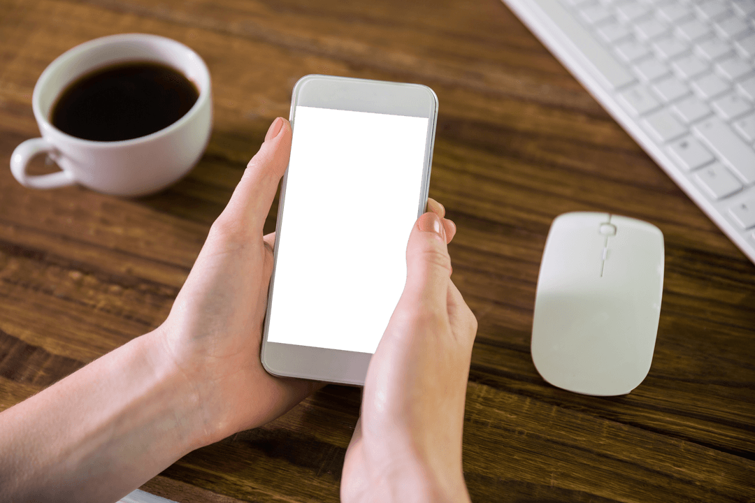 Transparent Smartphone Screen Mockup with Caucasian Woman’s Hands