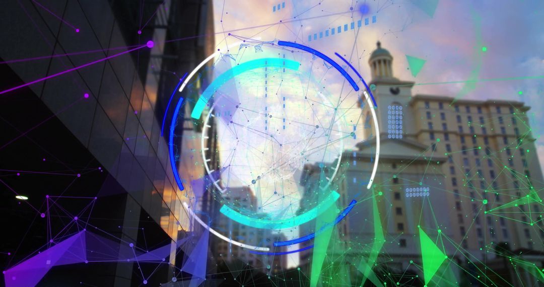 Cityscape with Digital Connection Network Visualization