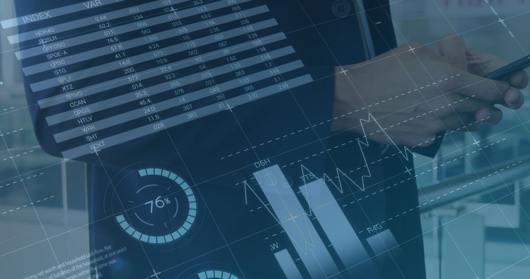 Businessman Using Smartphone with Financial Data Graphics Overlay