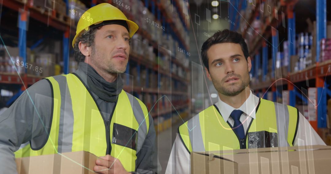 Warehouse Workers Analyzing Sales Charts During Logistics Operations