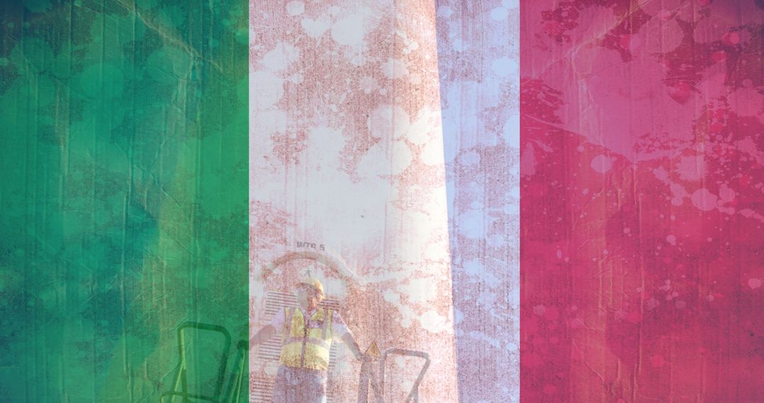 Worker in Helmet on Background of Italian Flag Overlay