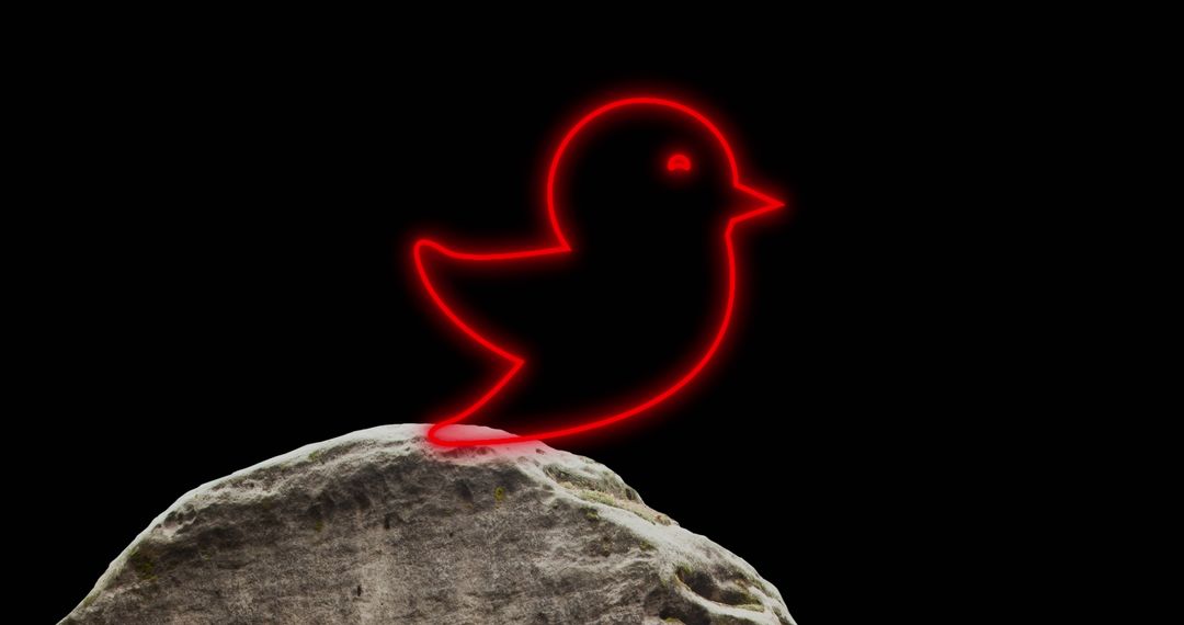 Red Neon Bird Icon on Rock with Black Background
