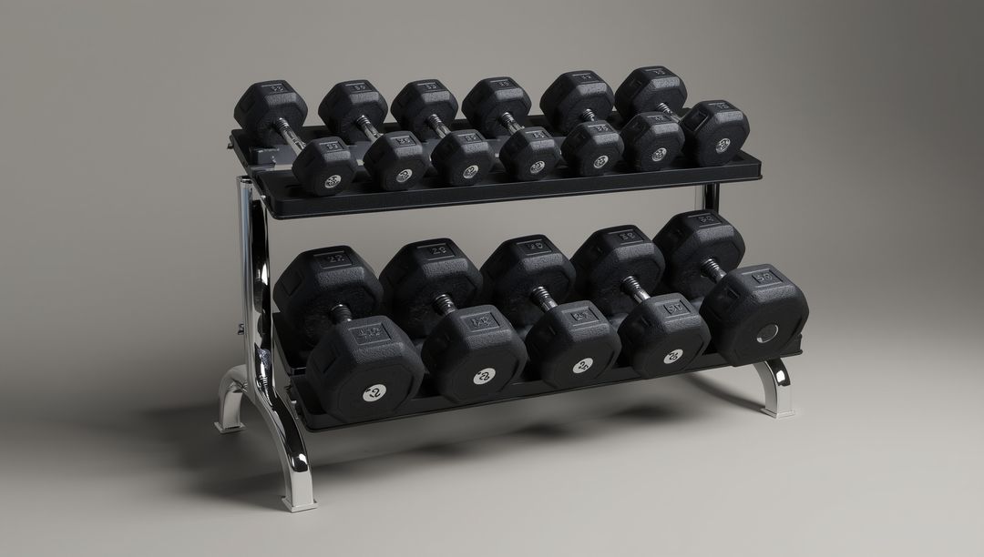 Black Hexagonal Dumbbells on Chrome Rack in Modern Showroom