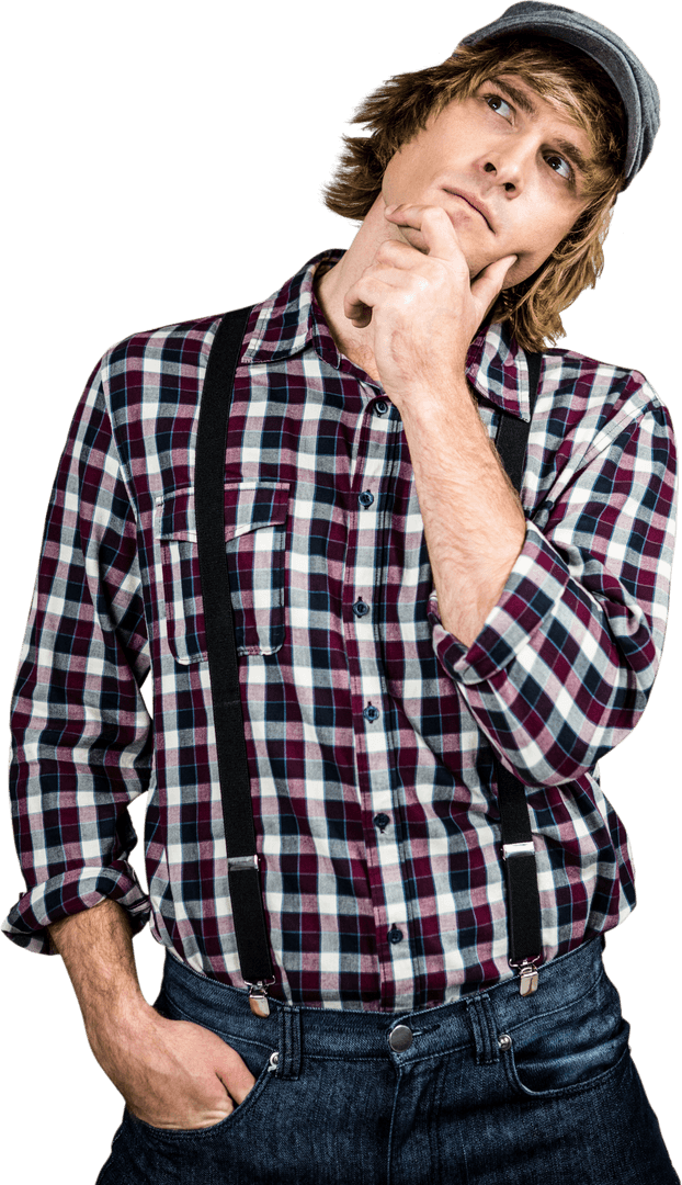 Transparent Hipster Man Contemplating with Suspender Outfit