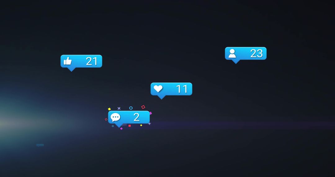 Social Media Notification Bubbles Floating Over Dark Gradient Neon Confetti UI Icons