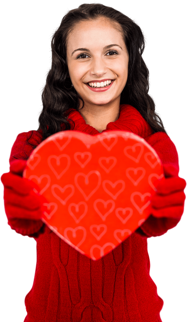Smiling Woman in Red Holding Transparent Heart Shape Box