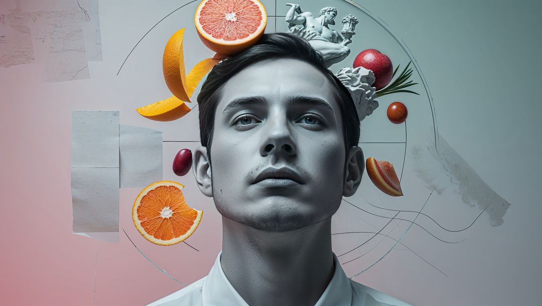 Abstract Portrait of Model with Floating Citrus and Marble Elements