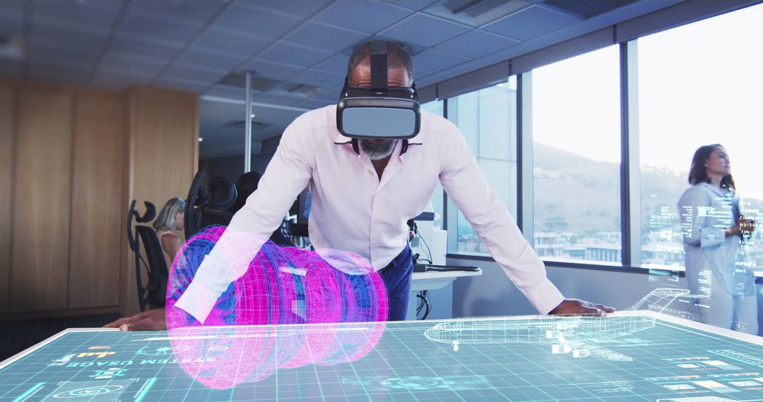 Innovative Man Using VR Headset with Holographic Display in Futuristic Office