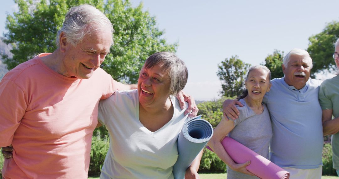 Senior Friends Enjoying Exercise Session in Sunny Garden - Free Images, Stock Photos and Pictures on Pikwizard.com