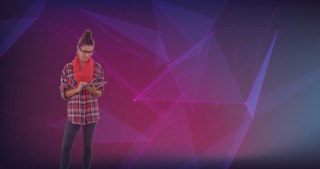 Woman Engaging with Tablet on Geometric Network Background