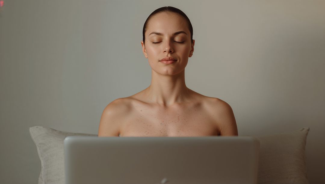 Young Woman Meditating Behind Laptop Bare Shoulders Minimalist Home Workspace Calm