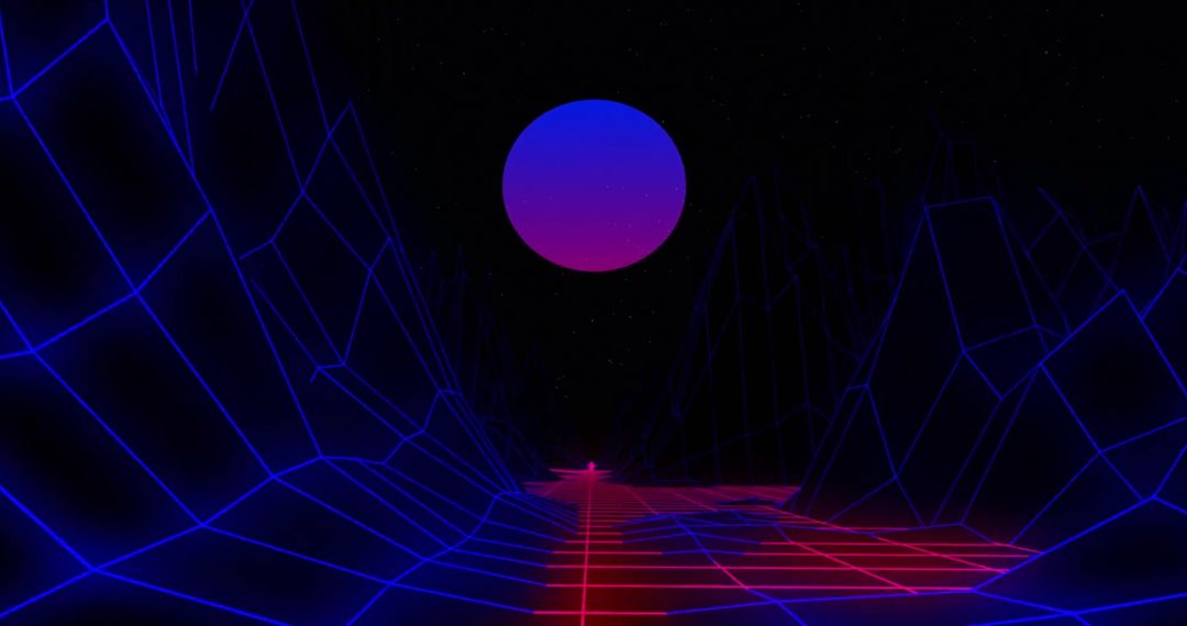 Neon Moon Over Futuristic Digital Grid Landscape