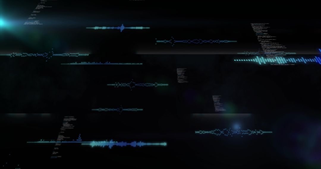Futuristic Neon Cyan Blue Waveforms Streaming Over Dark HUD With Floating Code and Flares