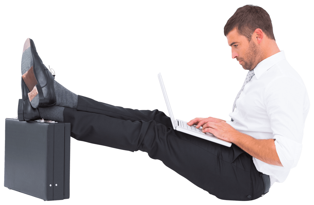 Transparent Relaxed Businessman Using Laptop with Feet Propped