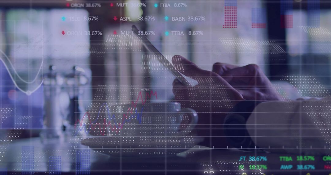 Holding smartphone at cafe with market charts overlay showing finance data visualization