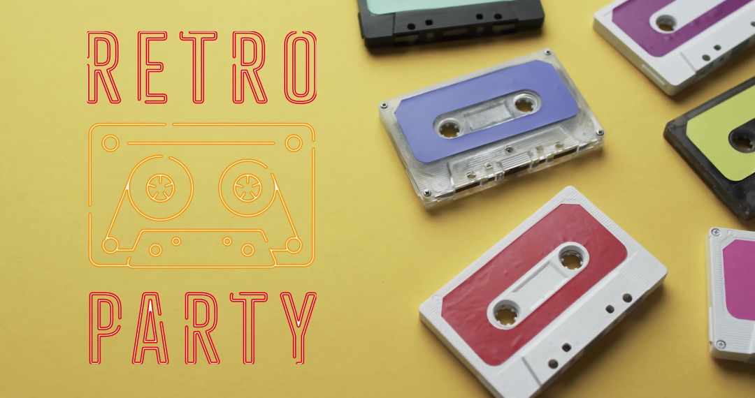 Colorful Retro Cassette Tapes with Party Text on Yellow