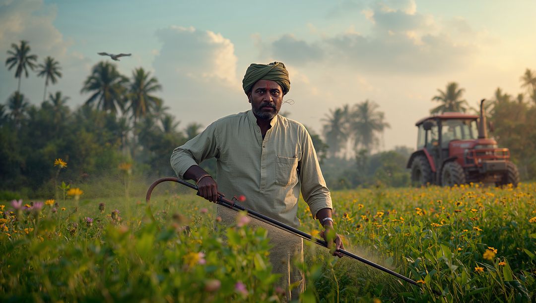 Farmer Tending Crops amid Palm Trees with Turban and Tractor