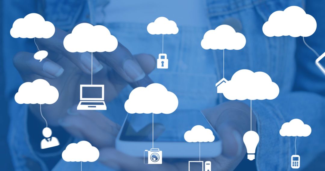 Digital Clouds with Icons Over Woman Using Smartphone for Connectivity