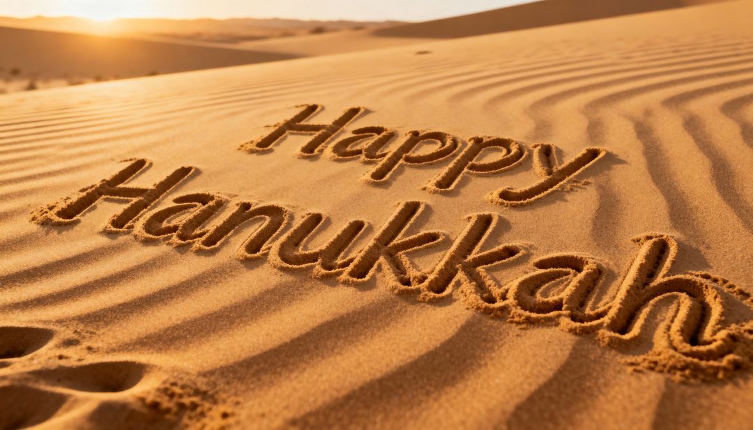 Happy Hanukkah carved in rippled desert sand at sunset with footprints casting shadows and golden gl