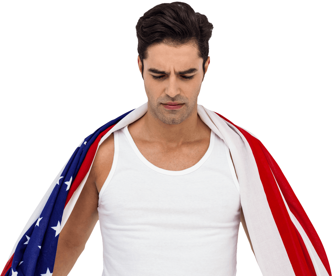 Male Athlete Draped in American Flag Showing Introspection