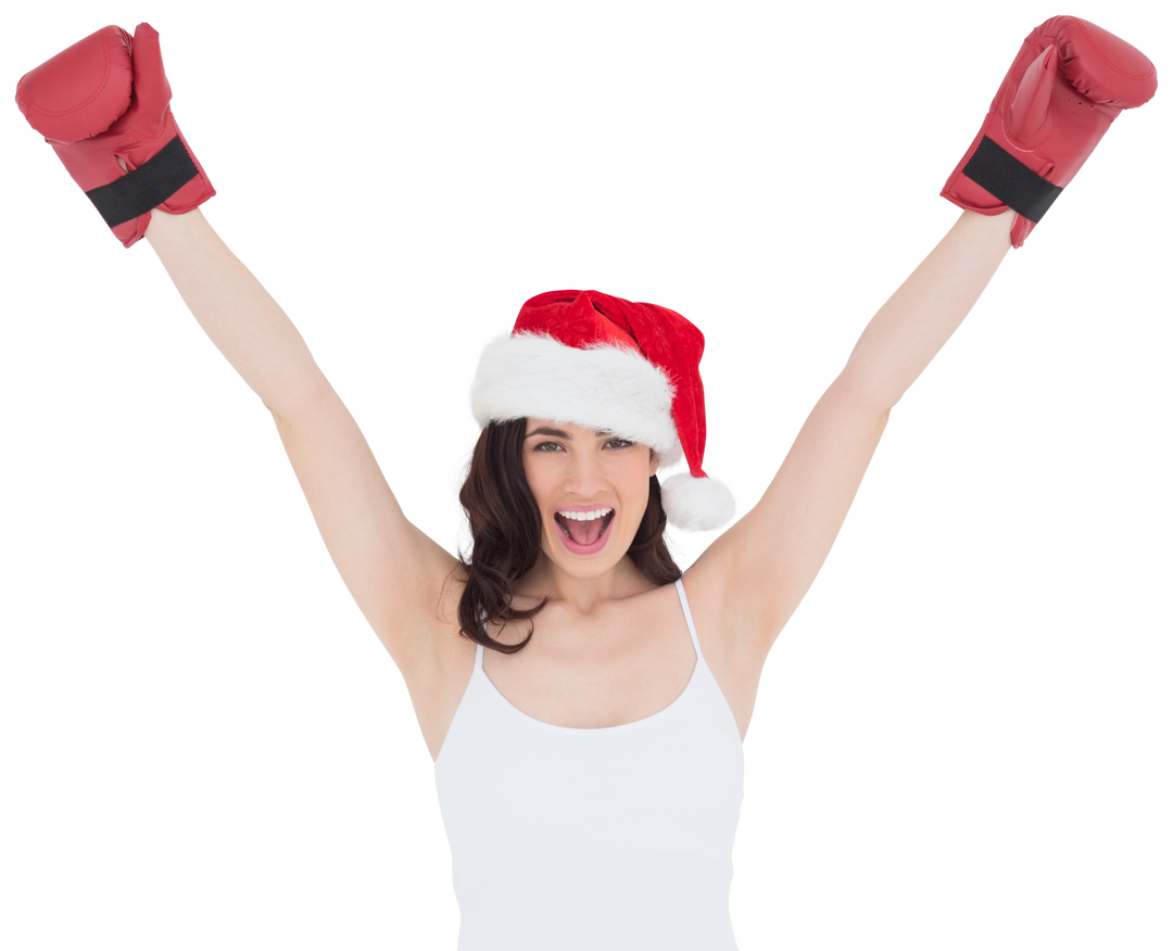 Happy Woman Wearing Santa Hat and Boxing Gloves on Transparent Background - Download Free Stock Images Pikwizard.com