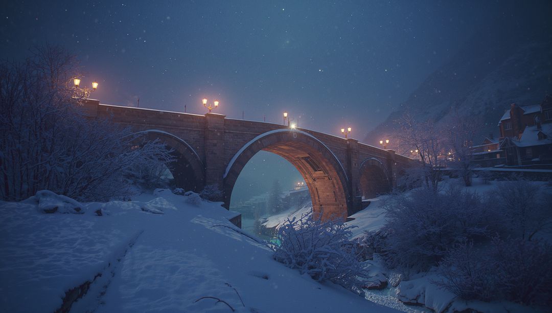 Illuminated Stone Bridge in Winter Night Landscape with Snow
