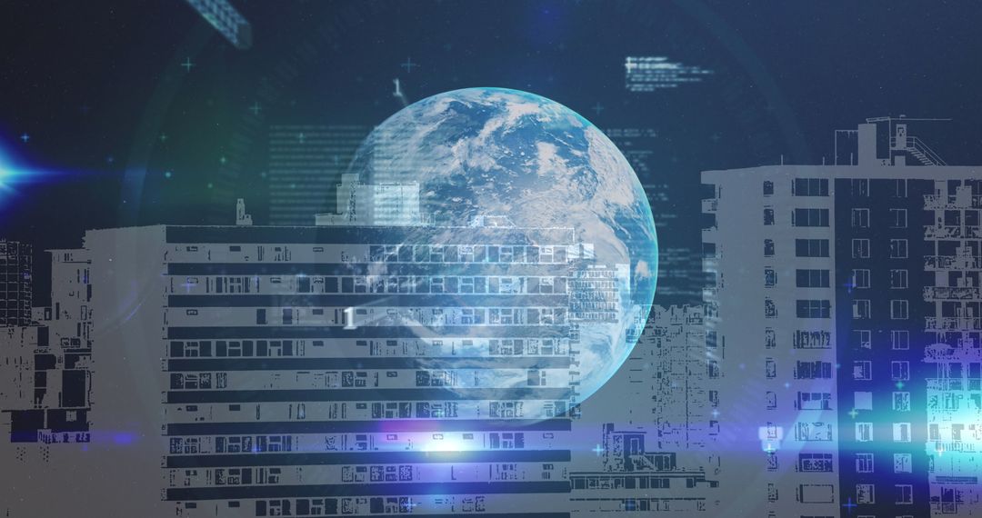 Digital Globe Overlaid on Urban Skyline with Financial Data Visuals