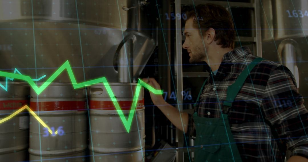 Brewery Worker Analyzing Production with Digital Graph Overlay