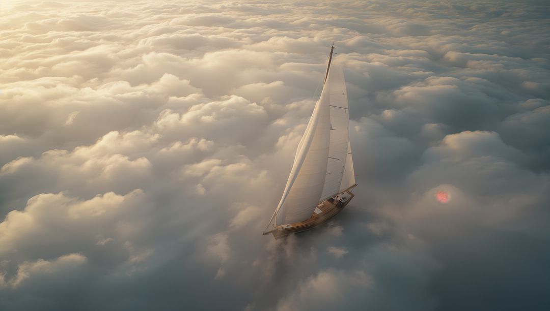 Sailboat Gliding Through Sunrise Clouds, Captures Tranquility and Adventure