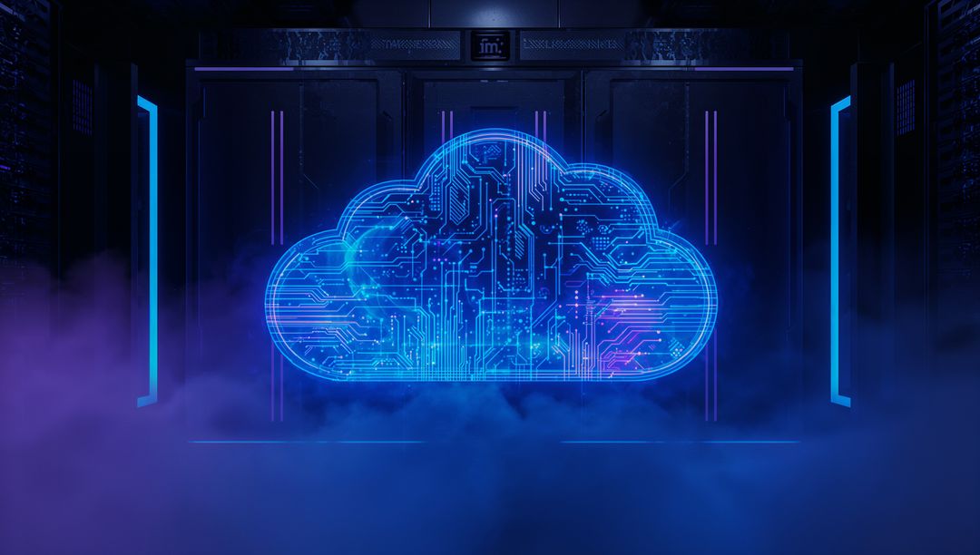 Neon Digital Cloud Hovers in Tech-Advanced Server Room