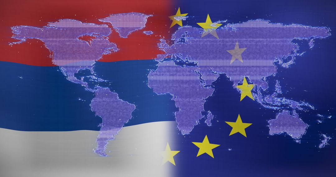 Digital World Map Overlay on Russian and EU Flags