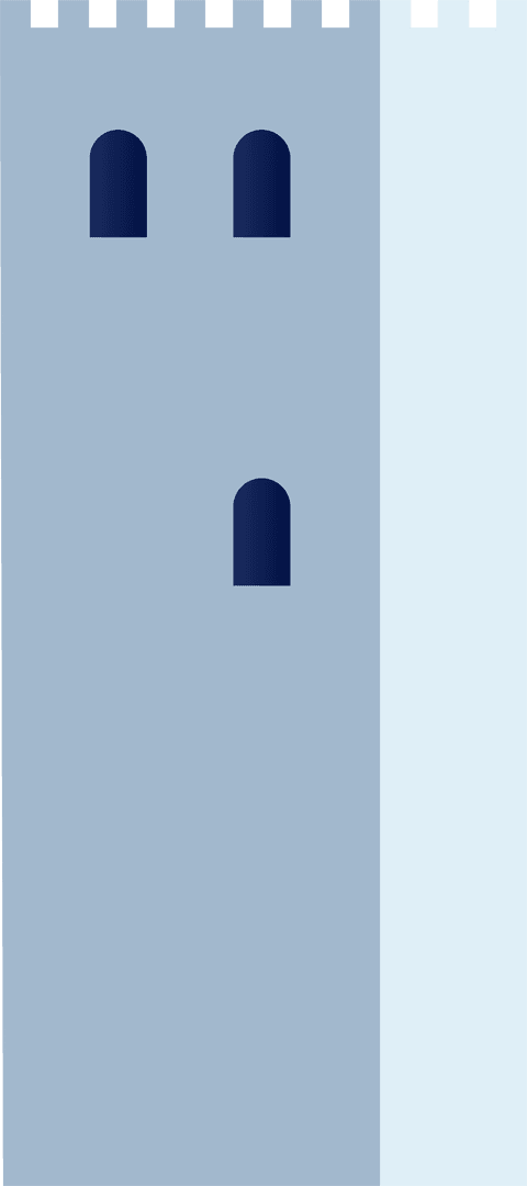 Flat Tower Icon with Battlements and Arched Windows on Transparent Background