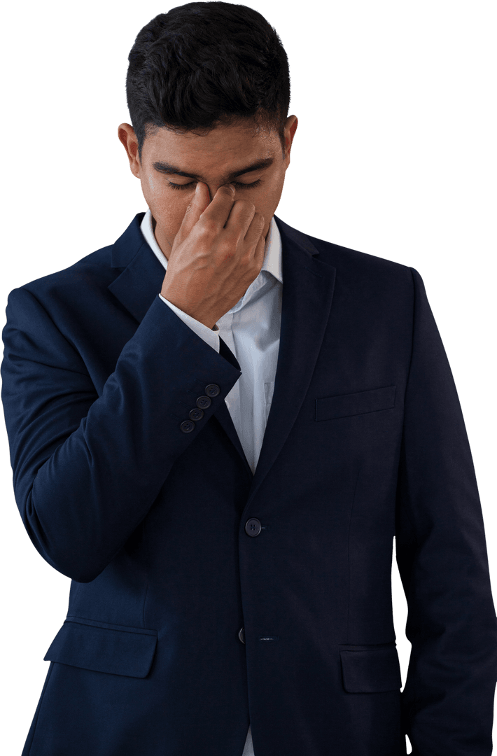 Transparent Young Businessman Suffering Headache in Formal Suit