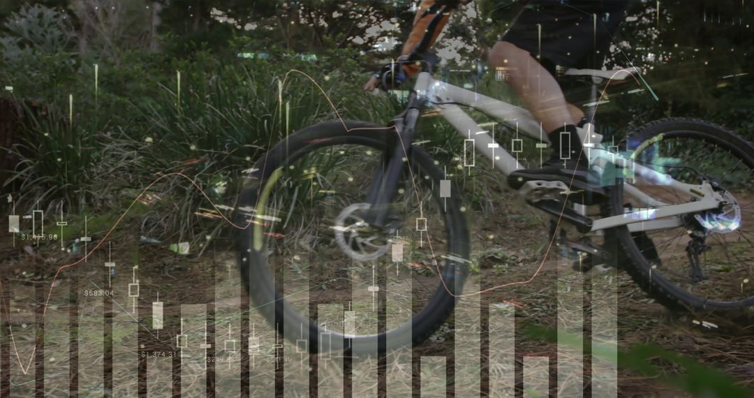 Cyclist Riding Through Forest with Digital Analytics Overlay