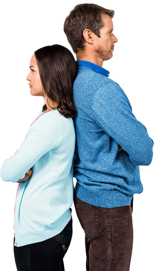 Frustrated Couple Standing Back to Back, Arms Crossed, Emphasizing Tension