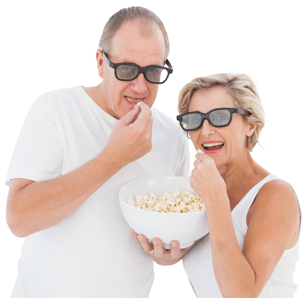 Transparent Mature Couple Enjoying Popcorn with 3D Glasses