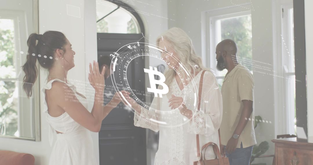 Women Greeting in Bright Foyer with Bitcoin HUD Overlay, Friends Meeting, Digital Finance