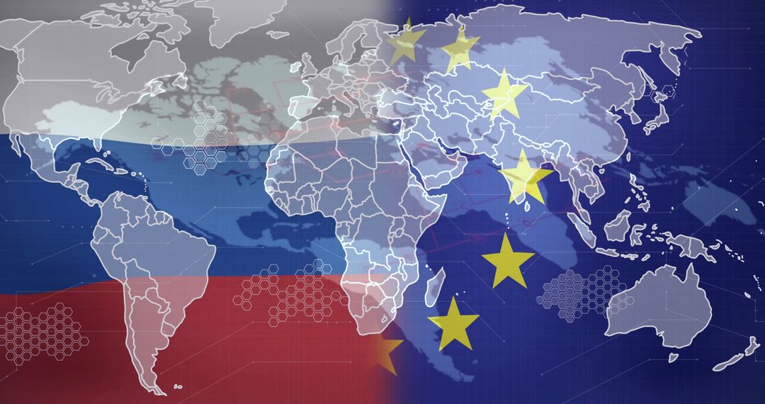 World Map Overlay with Russia and European Union Flags