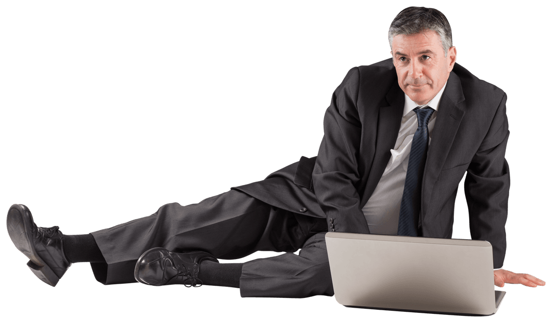 Transparent Mature Businessman Using Laptop on Floor