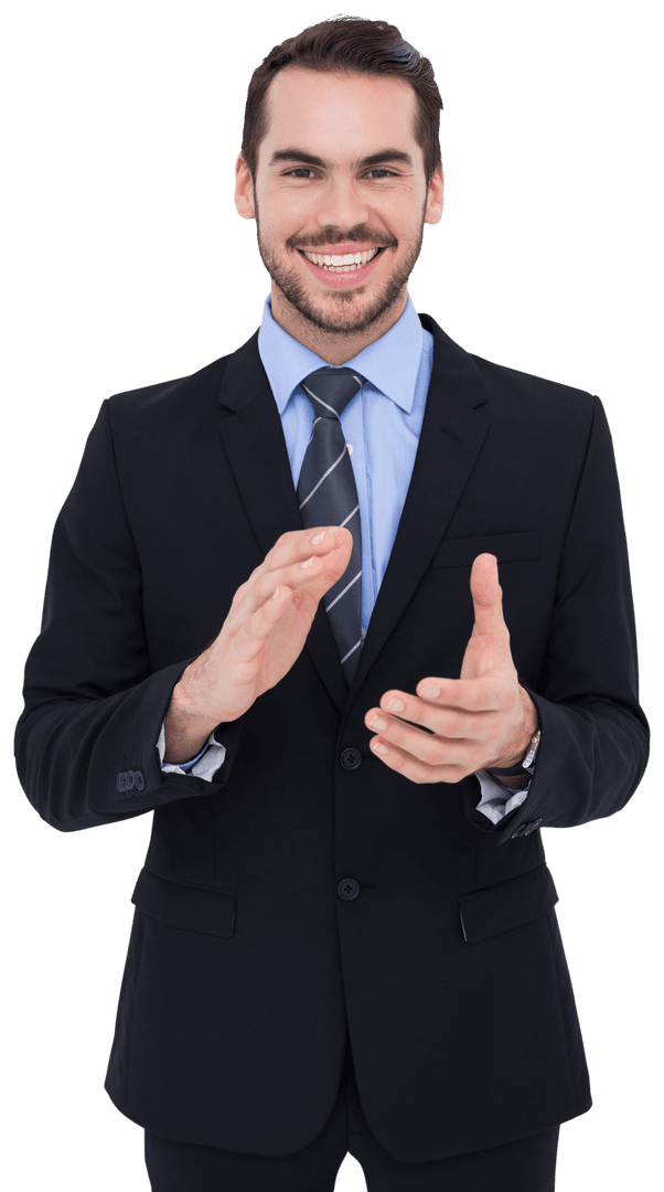 Transparent Applauding Businessman in Formal Suit Smiling
