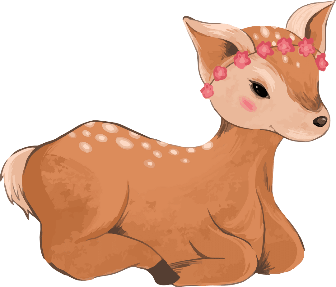 Whimsical Cartoon Fawn Resting with Pink Flower Wreath