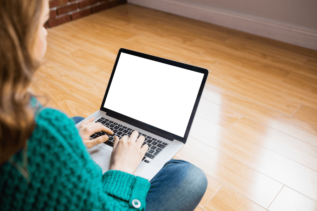 Woman Using Laptop on Wooden Floor with Transparent Screen