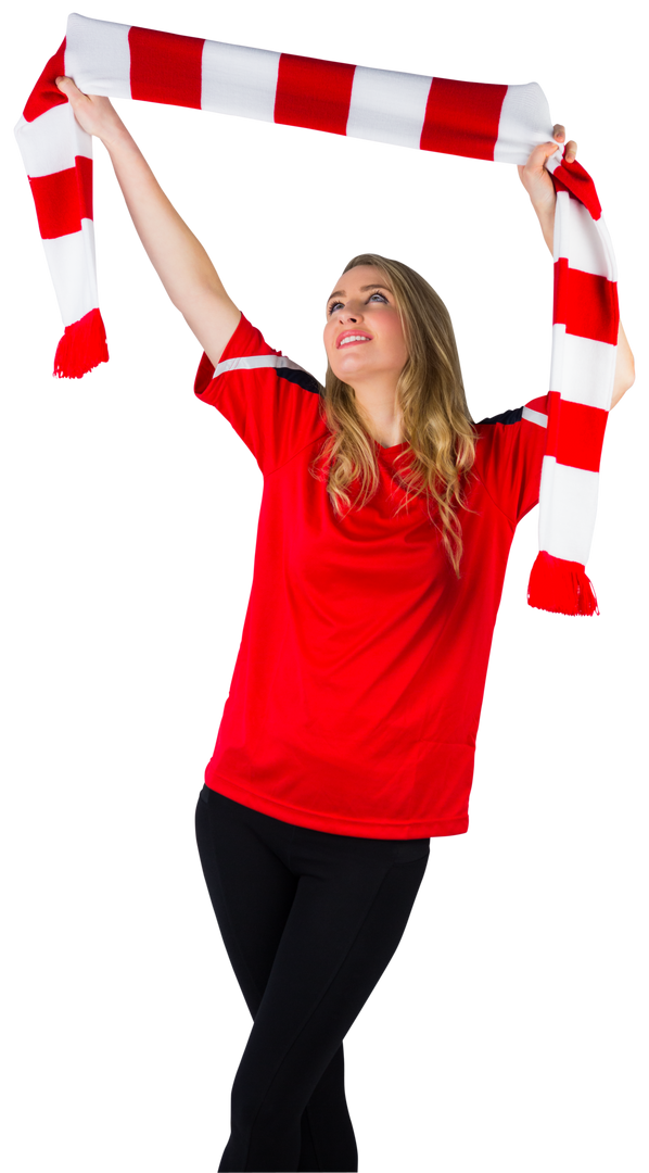 Cheering Football Fan Holding Red and White Scarf Transparent Background - Download Free Stock Images Pikwizard.com