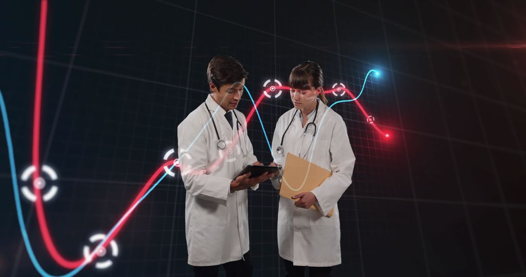 Doctors Analyzing Financial Data with Digital Technology Interface
