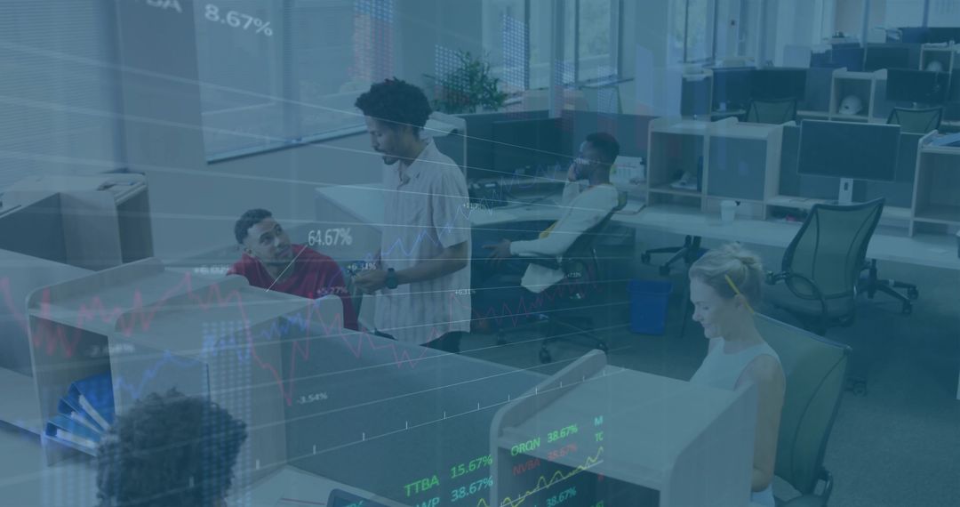 Team Collaborating in Open-Plan Office with Financial Data Overlay and Monitors