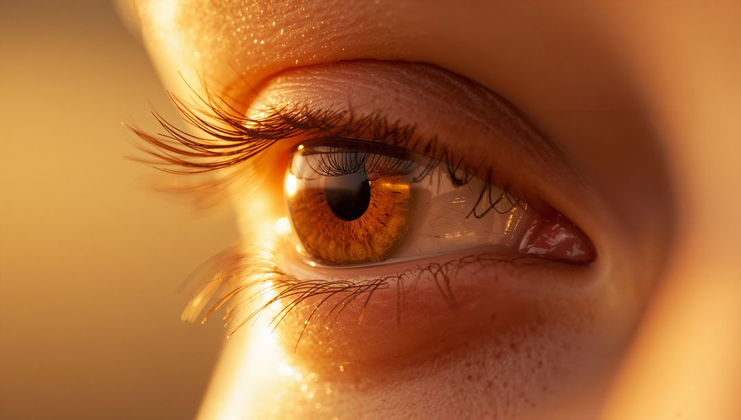 Amber iris extreme macro showing lashes, tear film and skin texture in golden hour