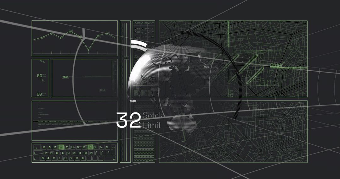 Futuristic data dashboard displaying 3D dotted globe, neon map overlays, analytics HUD